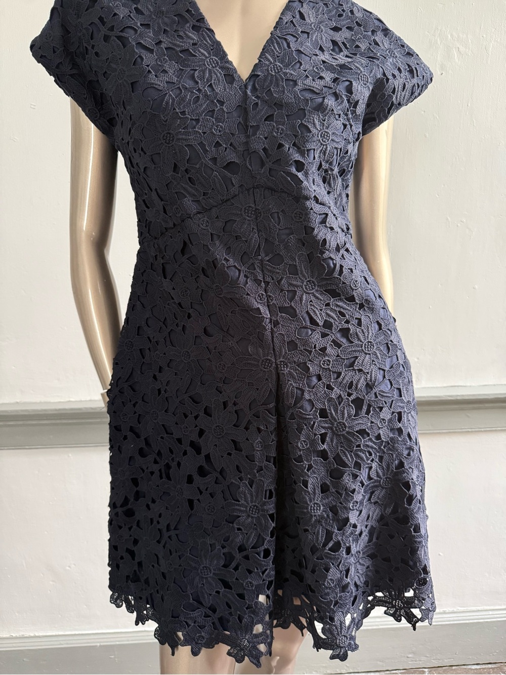 Banana Republic Navy Floral Lace Fit & Flare Dress Size 6 Pockets V-Neck